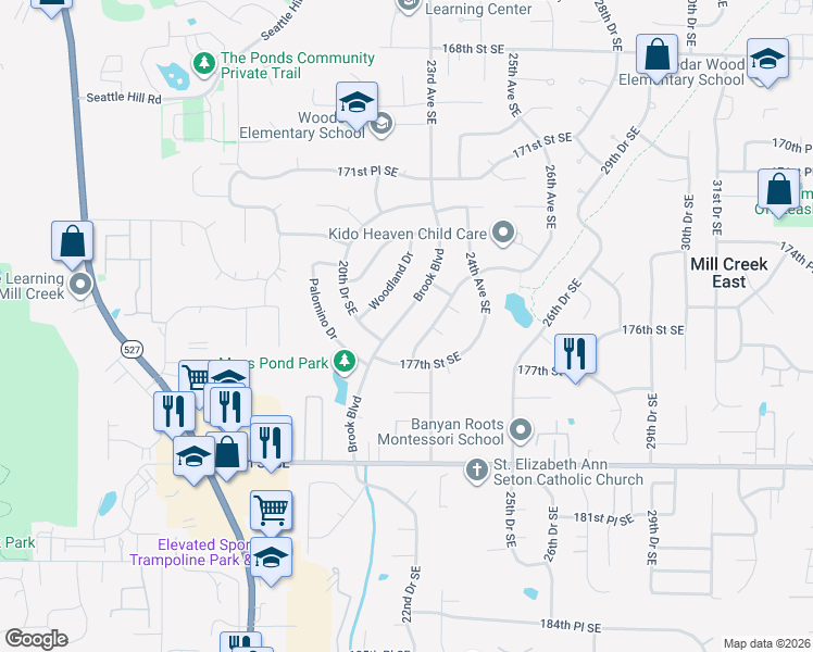 map of restaurants, bars, coffee shops, grocery stores, and more near 17611 Brook Boulevard in Bothell