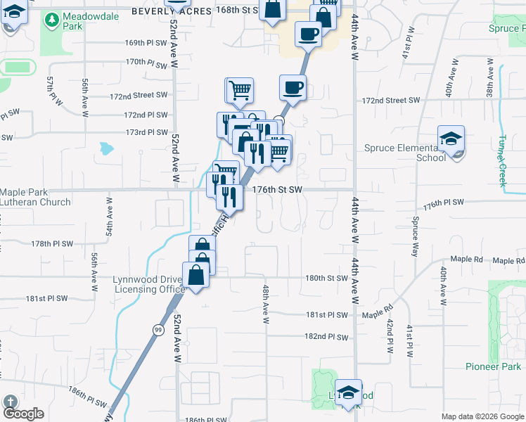 map of restaurants, bars, coffee shops, grocery stores, and more near 4816 176th Street Southwest in Lynnwood