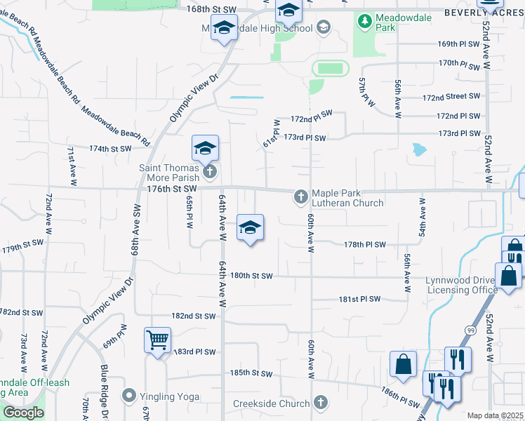 map of restaurants, bars, coffee shops, grocery stores, and more near 17713 62nd Place West in Lynnwood