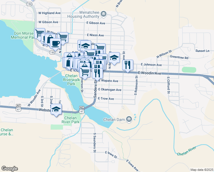 map of restaurants, bars, coffee shops, grocery stores, and more near 329 East Okanogan Avenue in Chelan