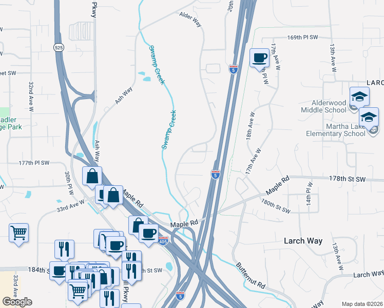 map of restaurants, bars, coffee shops, grocery stores, and more near 2204 176th Place Southwest in Lynnwood