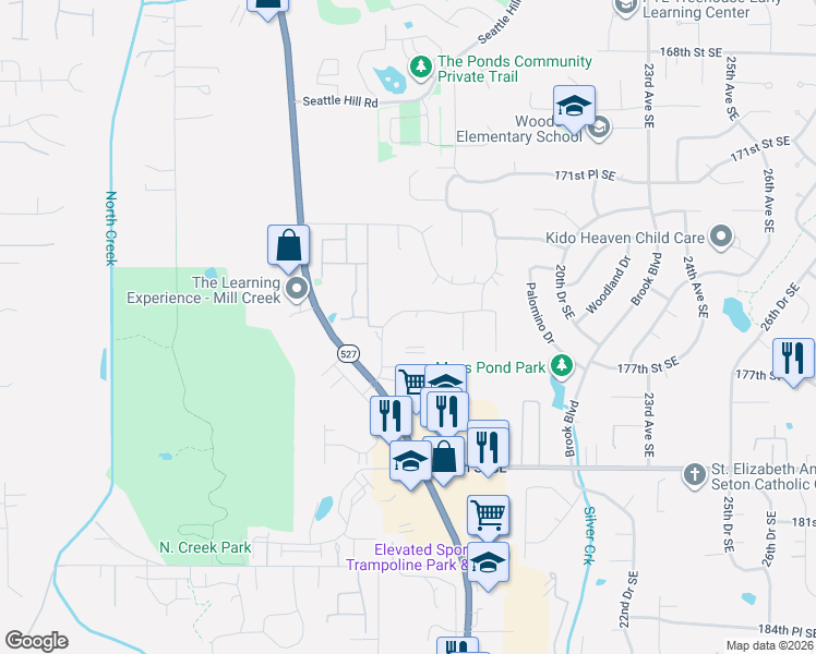 map of restaurants, bars, coffee shops, grocery stores, and more near 17625 15th Avenue Southeast in Bothell