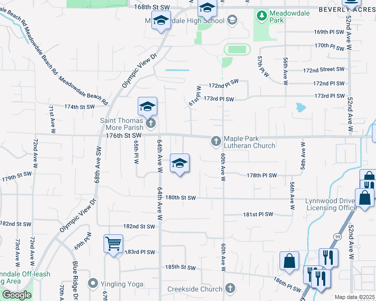map of restaurants, bars, coffee shops, grocery stores, and more near 17713 62nd Place West in Lynnwood