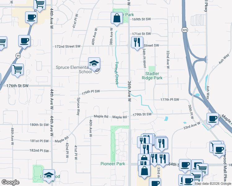 map of restaurants, bars, coffee shops, grocery stores, and more near 3632 177th Place Southwest in Lynnwood