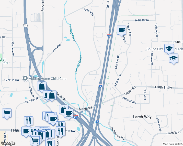 map of restaurants, bars, coffee shops, grocery stores, and more near 2111 177th Place Southwest in Lynnwood