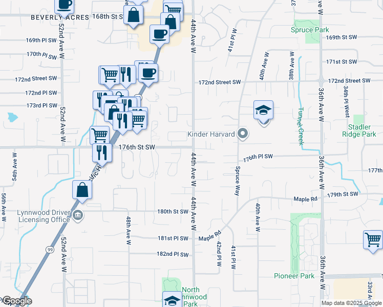 map of restaurants, bars, coffee shops, grocery stores, and more near 4410 176th Street Southwest in Lynnwood
