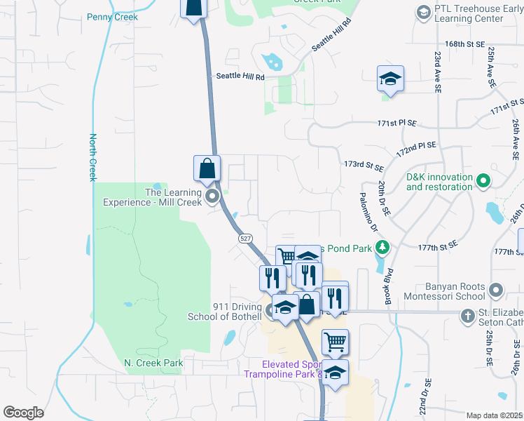 map of restaurants, bars, coffee shops, grocery stores, and more near 17517 14th Drive Southeast in Bothell