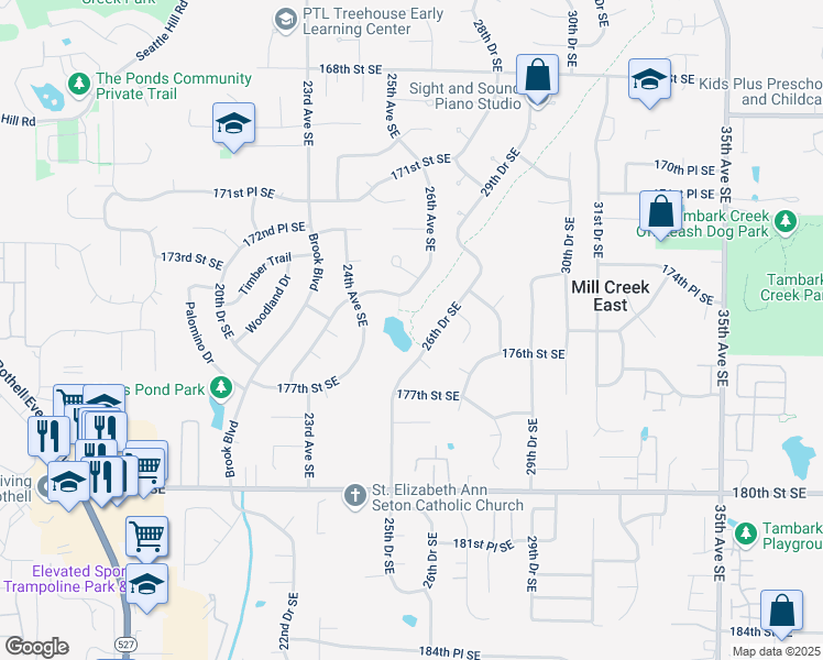 map of restaurants, bars, coffee shops, grocery stores, and more near 17600 26th Drive Southeast in Bothell