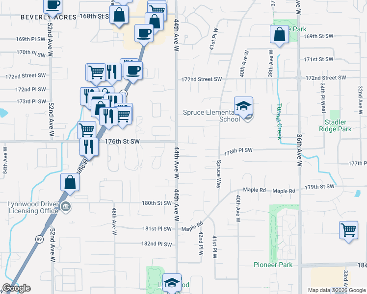 map of restaurants, bars, coffee shops, grocery stores, and more near 17617 44th Avenue West in Lynnwood