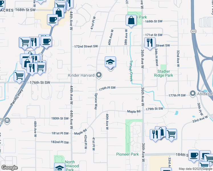 map of restaurants, bars, coffee shops, grocery stores, and more near 4003 176th Place Southwest in Lynnwood