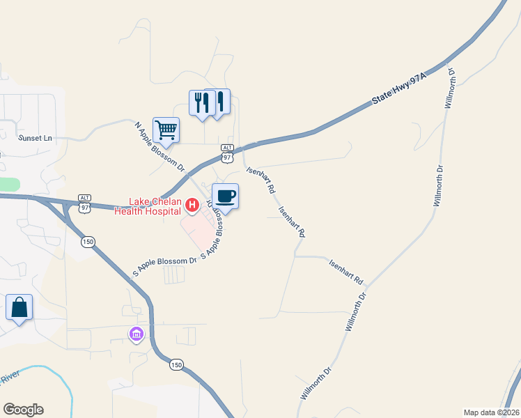 map of restaurants, bars, coffee shops, grocery stores, and more near 30 Isenhart Road in Chelan