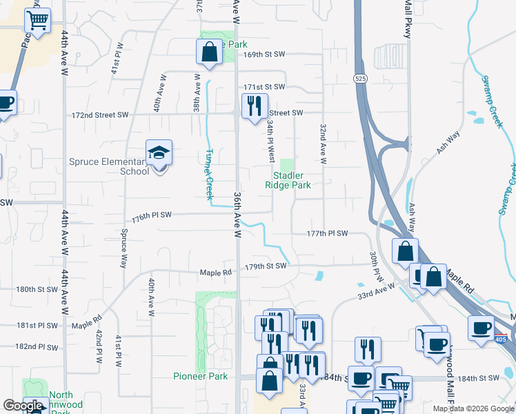map of restaurants, bars, coffee shops, grocery stores, and more near 3421 175th Place Southwest in Lynnwood