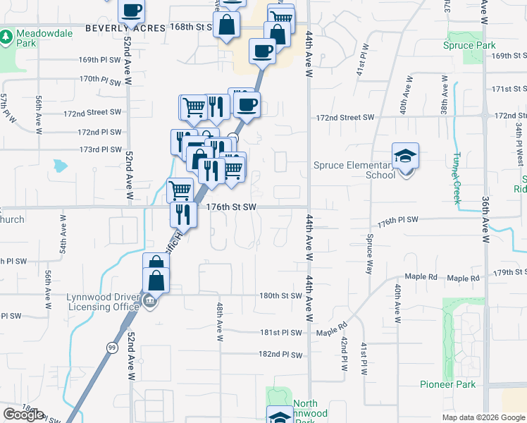 map of restaurants, bars, coffee shops, grocery stores, and more near 4515 176th Street Southwest in Lynnwood