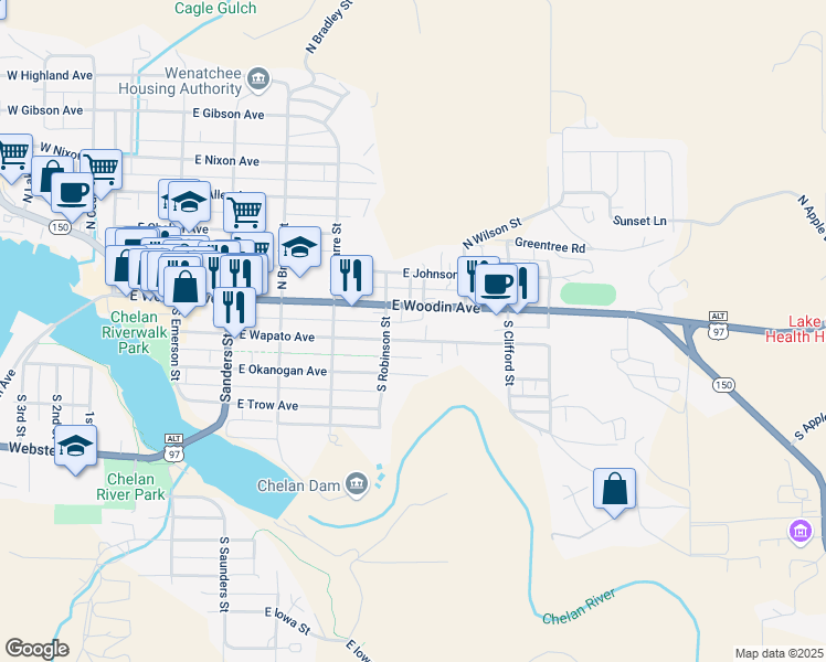 map of restaurants, bars, coffee shops, grocery stores, and more near 616 East Woodin Avenue in Chelan