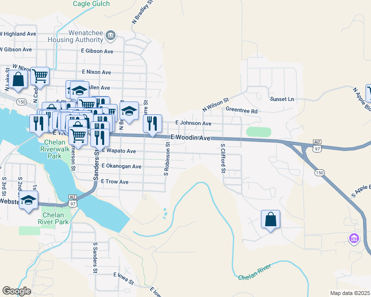 map of restaurants, bars, coffee shops, grocery stores, and more near 616 East Woodin Avenue in Chelan