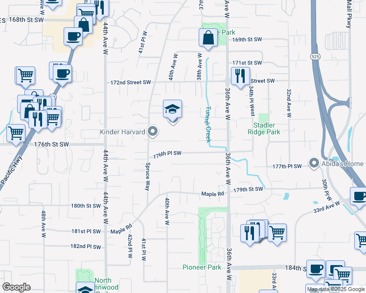 map of restaurants, bars, coffee shops, grocery stores, and more near 3833 176th Street Southwest in Lynnwood