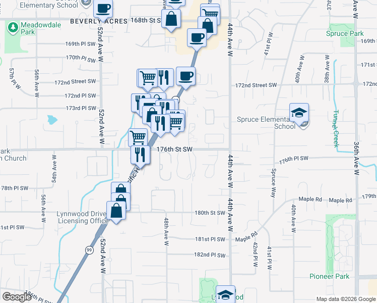 map of restaurants, bars, coffee shops, grocery stores, and more near 4731 176th Street Southwest in Lynnwood