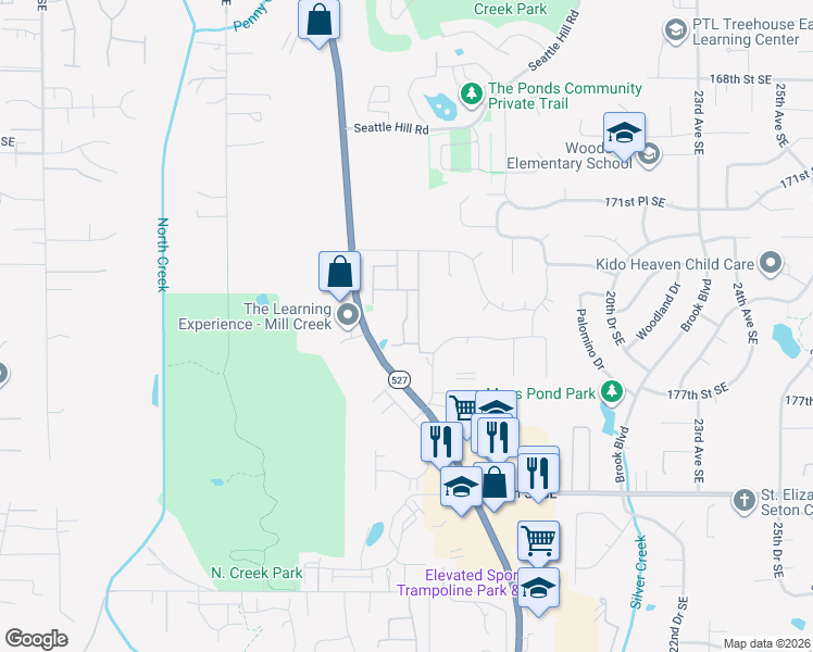 map of restaurants, bars, coffee shops, grocery stores, and more near 1404 175th Street Southeast in Bothell