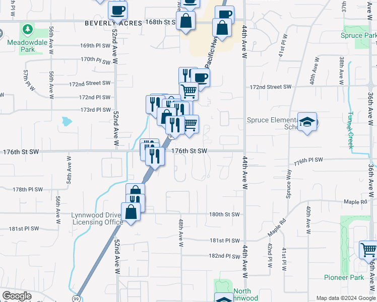 map of restaurants, bars, coffee shops, grocery stores, and more near 4712 176th Street Southwest in Lynnwood