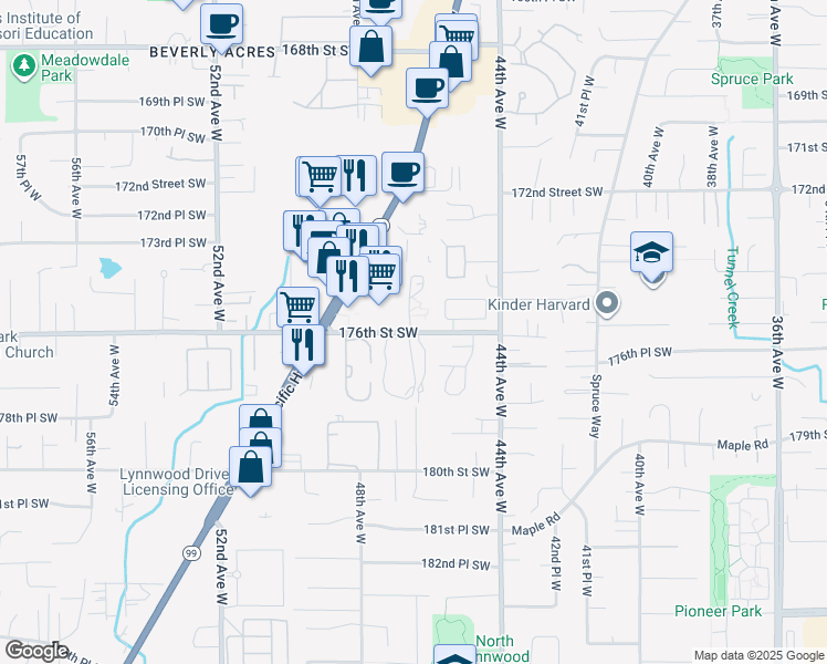 map of restaurants, bars, coffee shops, grocery stores, and more near 4731 176th Street Southwest in Lynnwood