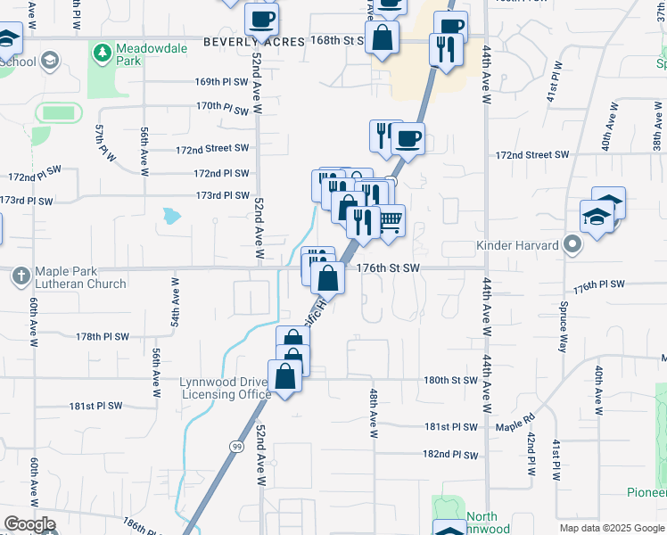 map of restaurants, bars, coffee shops, grocery stores, and more near 17510 Pacific Highway in Lynnwood