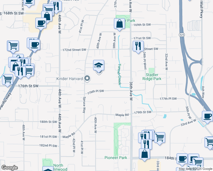 map of restaurants, bars, coffee shops, grocery stores, and more near 18625 60th Avenue West in Lynnwood
