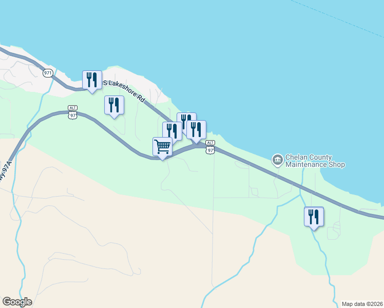 map of restaurants, bars, coffee shops, grocery stores, and more near 37 South Sr 97a in Chelan