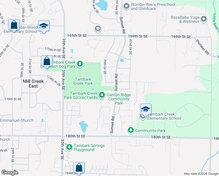 map of restaurants, bars, coffee shops, grocery stores, and more near 3912 174th Street Southeast in Bothell