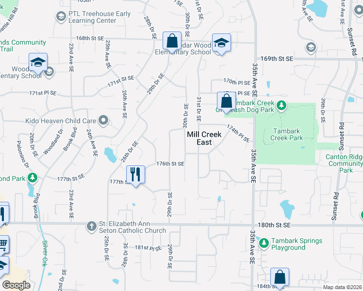 map of restaurants, bars, coffee shops, grocery stores, and more near 17421 30th Drive Southeast in Bothell