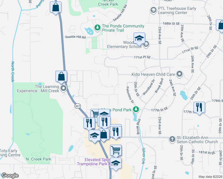 map of restaurants, bars, coffee shops, grocery stores, and more near 1710 174th Place Southeast in Bothell