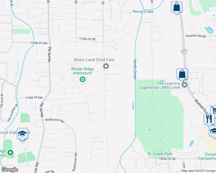 map of restaurants, bars, coffee shops, grocery stores, and more near 17423 3rd Avenue Southeast in Bothell