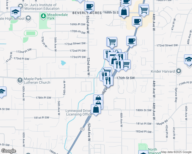 map of restaurants, bars, coffee shops, grocery stores, and more near 5121 176th Street Southwest in Lynnwood