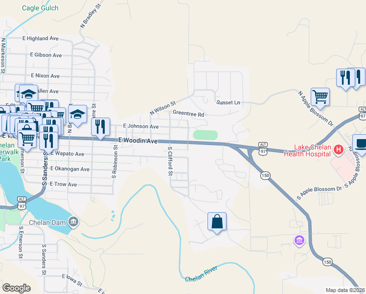 map of restaurants, bars, coffee shops, grocery stores, and more near 924 East Woodin Avenue in Chelan