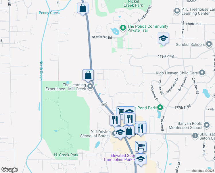 map of restaurants, bars, coffee shops, grocery stores, and more near 17426 14th Drive Southeast in Bothell