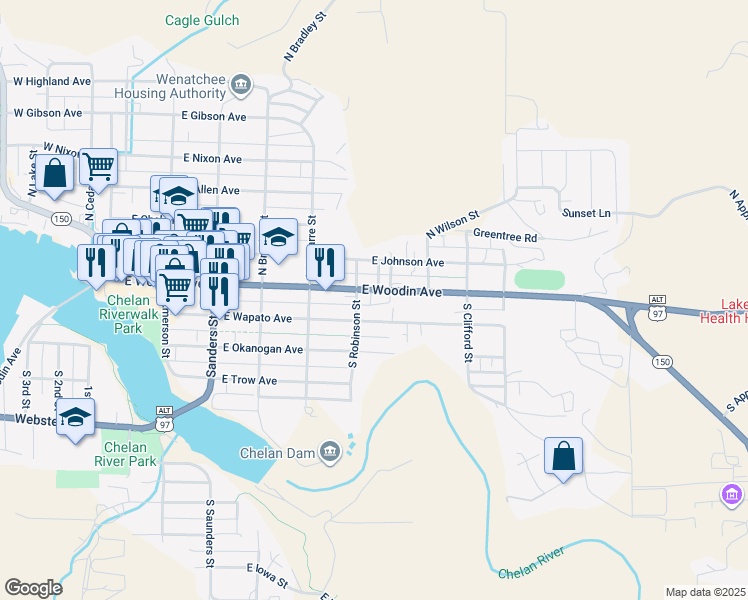 map of restaurants, bars, coffee shops, grocery stores, and more near 616 East Woodin Avenue in Chelan