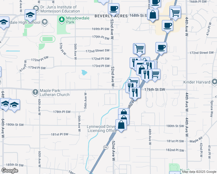 map of restaurants, bars, coffee shops, grocery stores, and more near 5221 176th Street Southwest in Lynnwood