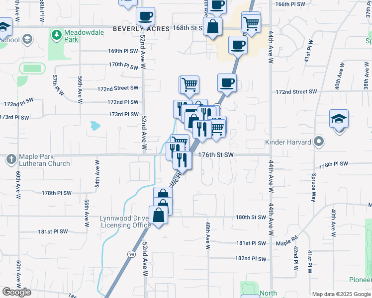 map of restaurants, bars, coffee shops, grocery stores, and more near 17510 Pacific Highway in Lynnwood