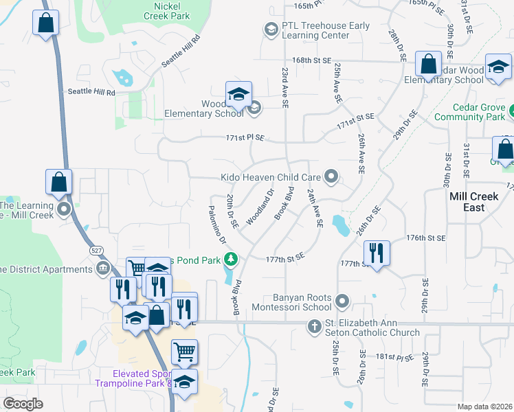 map of restaurants, bars, coffee shops, grocery stores, and more near 17420 Woodland Drive in Bothell