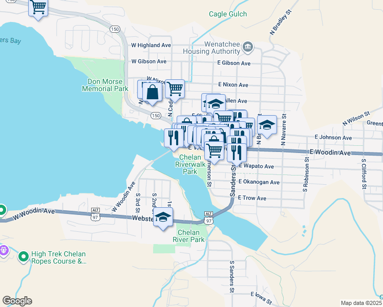map of restaurants, bars, coffee shops, grocery stores, and more near 120 East Woodin Avenue in Chelan