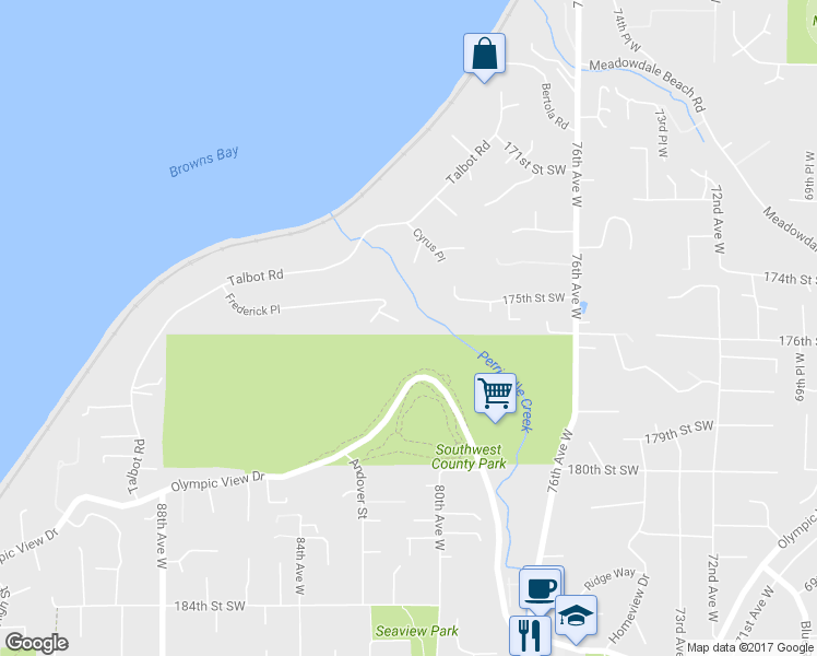 map of restaurants, bars, coffee shops, grocery stores, and more near 8107 Frederick Place in Edmonds