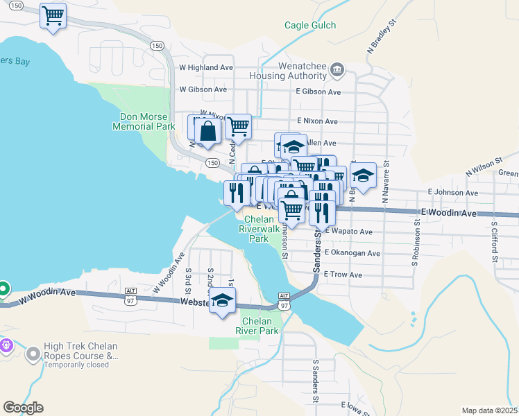 map of restaurants, bars, coffee shops, grocery stores, and more near 120 East Woodin Avenue in Chelan