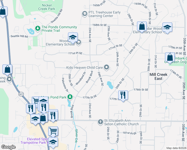 map of restaurants, bars, coffee shops, grocery stores, and more near 17427 Valley Circle Drive in Bothell