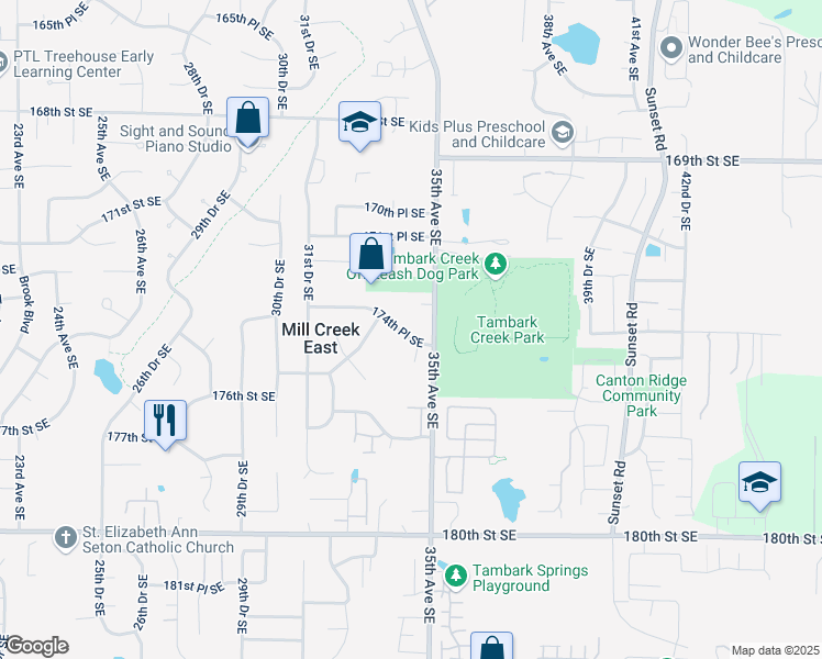 map of restaurants, bars, coffee shops, grocery stores, and more near 3405 174th Place Southeast in Bothell