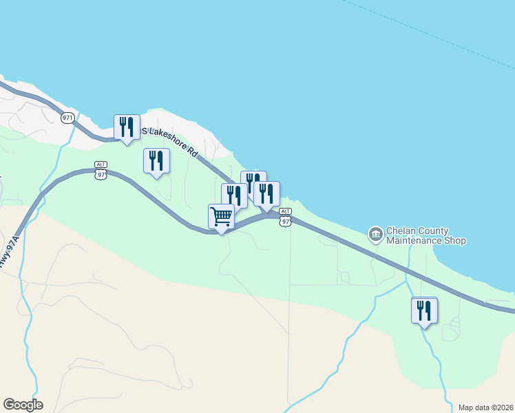 map of restaurants, bars, coffee shops, grocery stores, and more near 37 South Sr 97a in Chelan