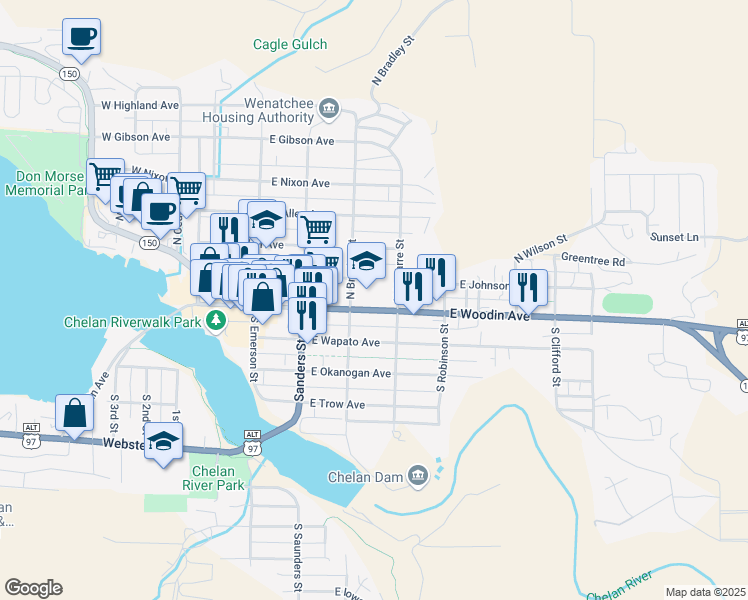 map of restaurants, bars, coffee shops, grocery stores, and more near 407 East Woodin Avenue in Chelan
