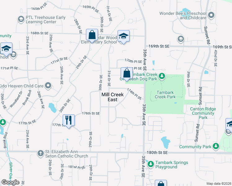 map of restaurants, bars, coffee shops, grocery stores, and more near in Mill Creek East