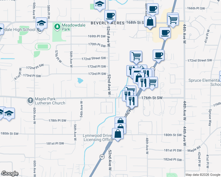 map of restaurants, bars, coffee shops, grocery stores, and more near 5221 176th Street Southwest in Lynnwood