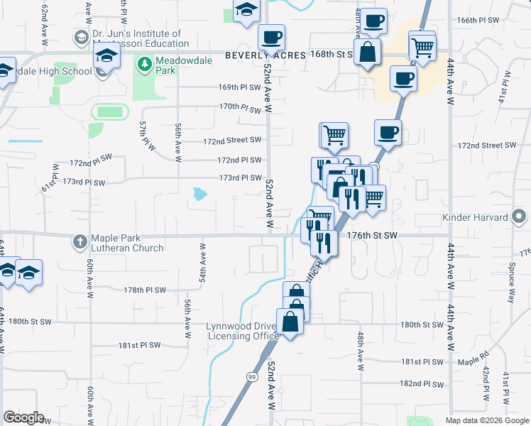 map of restaurants, bars, coffee shops, grocery stores, and more near 5221 176th Street Southwest in Lynnwood