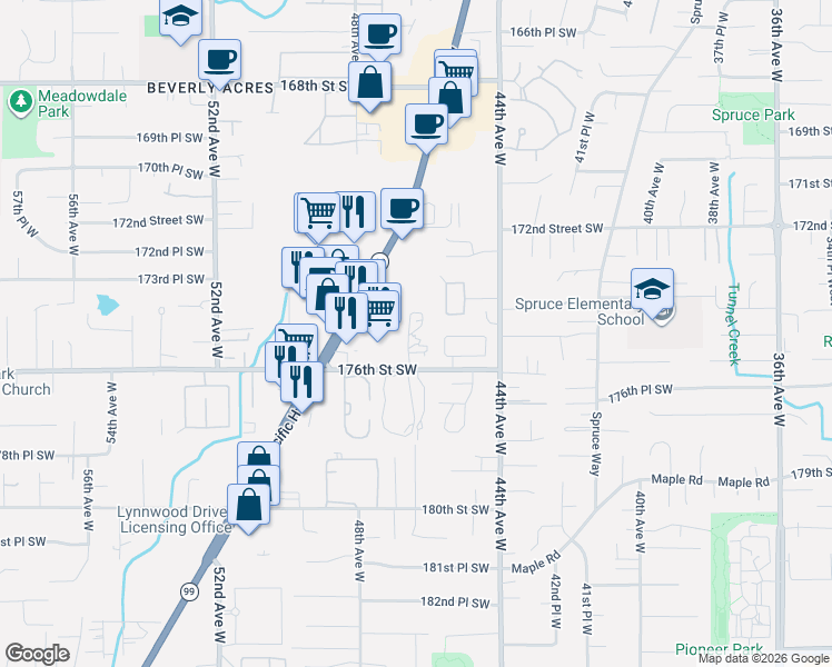 map of restaurants, bars, coffee shops, grocery stores, and more near 4721 176th Street Southwest in Lynnwood