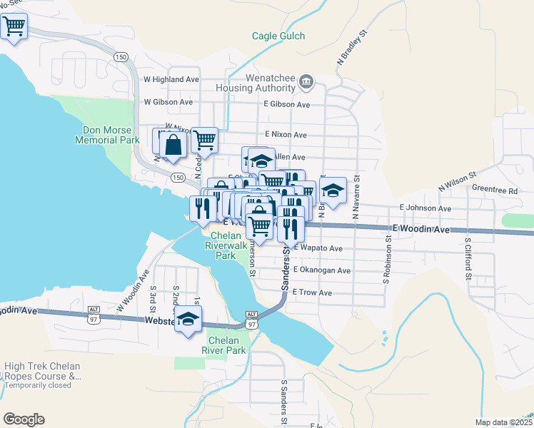 map of restaurants, bars, coffee shops, grocery stores, and more near in Chelan